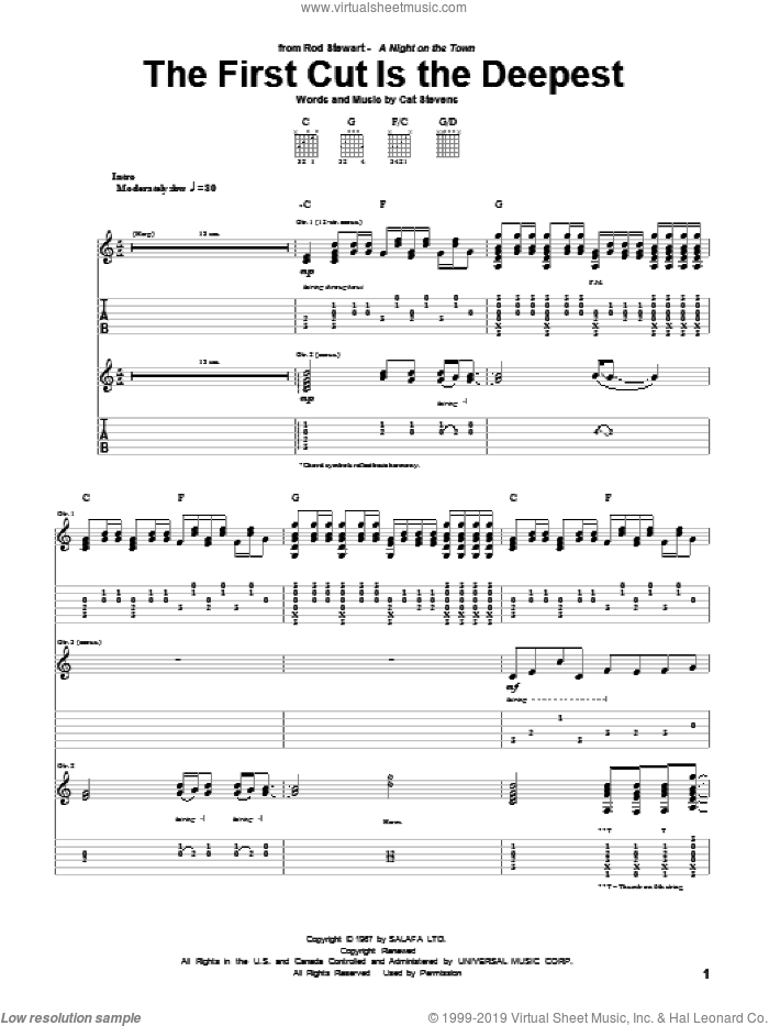 The First Cut Is The Deepest sheet music for guitar (tablature) by Rod Stewart, Sheryl Crow and Cat Stevens, intermediate skill level