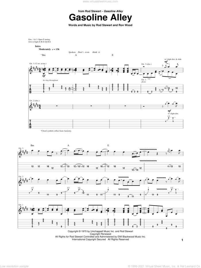 Gasoline Alley sheet music for guitar (tablature) by Rod Stewart and Ron Wood, intermediate skill level