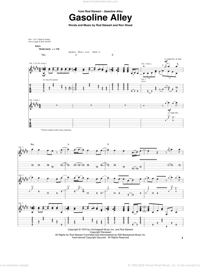 Gasoline Alley sheet music for guitar (tablature) by Rod Stewart and Ron Wood, intermediate skill level