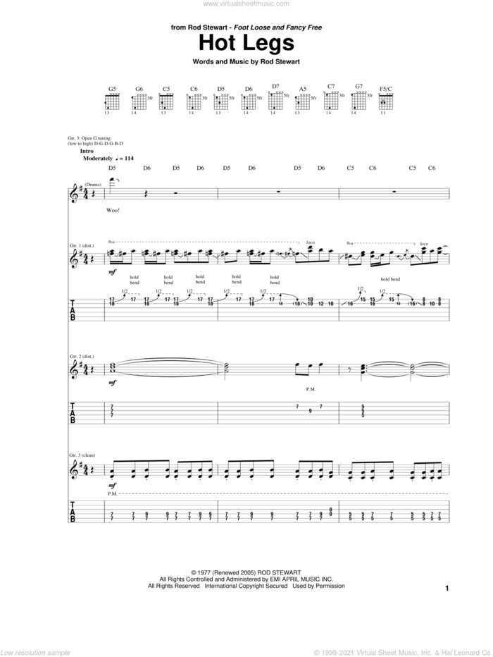Hot Legs sheet music for guitar (tablature) by Rod Stewart, intermediate skill level