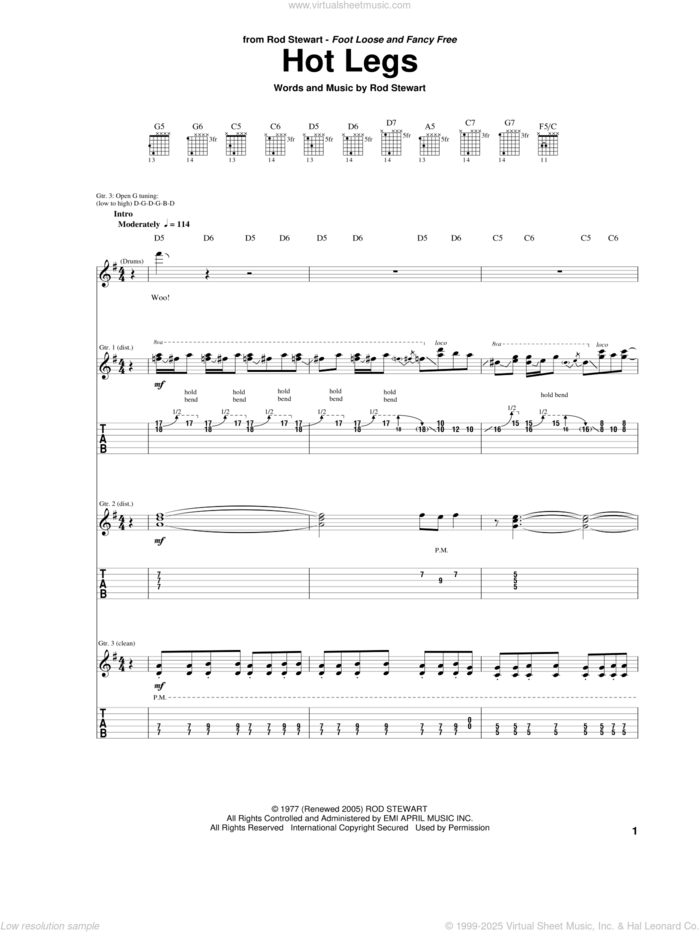 Hot Legs sheet music for guitar (tablature) by Rod Stewart, intermediate skill level