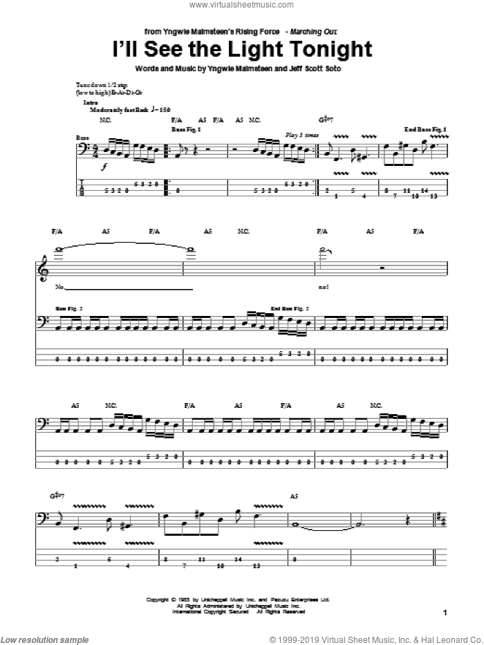 I'll See The Light Tonight sheet music for bass (tablature) (bass guitar) by Yngwie Malmsteen and Jeff Scott Soto, intermediate skill level