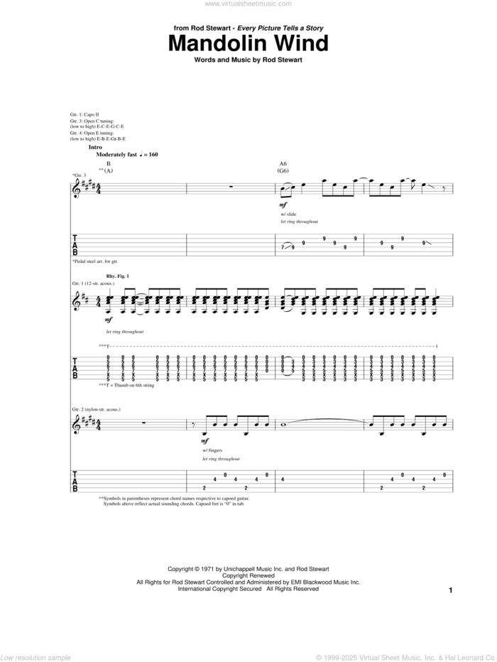 Mandolin Wind sheet music for guitar (tablature) by Rod Stewart, intermediate skill level