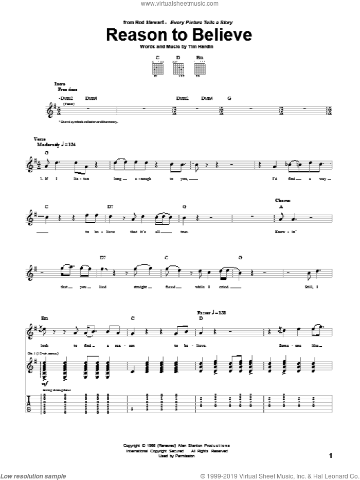 Reason To Believe sheet music for guitar (tablature) by Rod Stewart and Tim Hardin, intermediate skill level