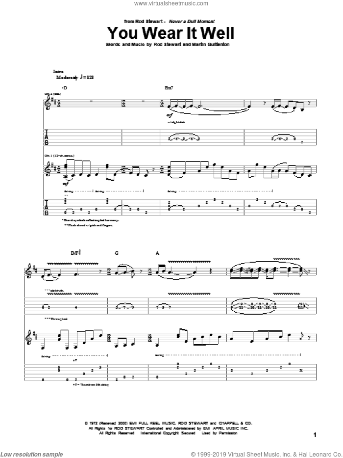 You Wear It Well sheet music for guitar (tablature) by Rod Stewart and Martin Quittenton, intermediate skill level