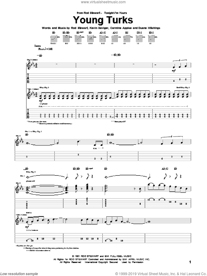 Young Turks sheet music for guitar (tablature) by Rod Stewart, Carmine Appice, Duane Hitchings and Kevin Savigar, intermediate skill level