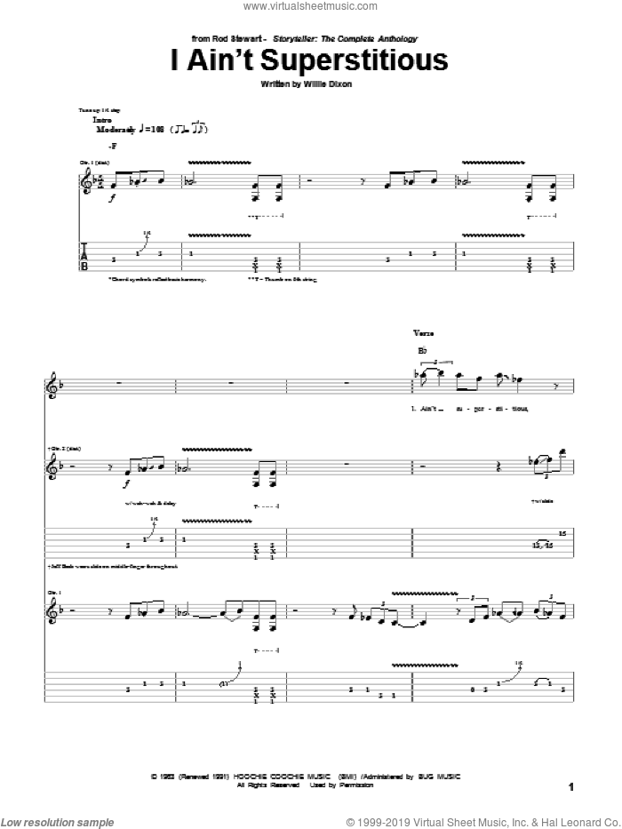 I Ain't Superstitious sheet music for guitar (tablature) by Rod Stewart, Jeff Beck and Willie Dixon, intermediate skill level