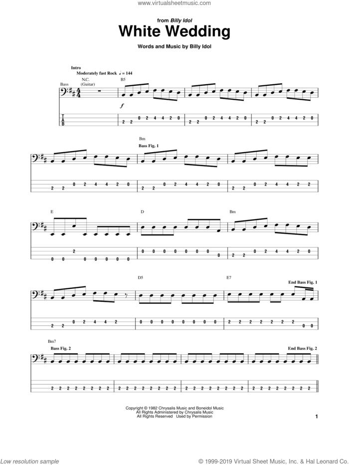White Wedding sheet music for bass (tablature) (bass guitar) by Billy Idol, intermediate skill level
