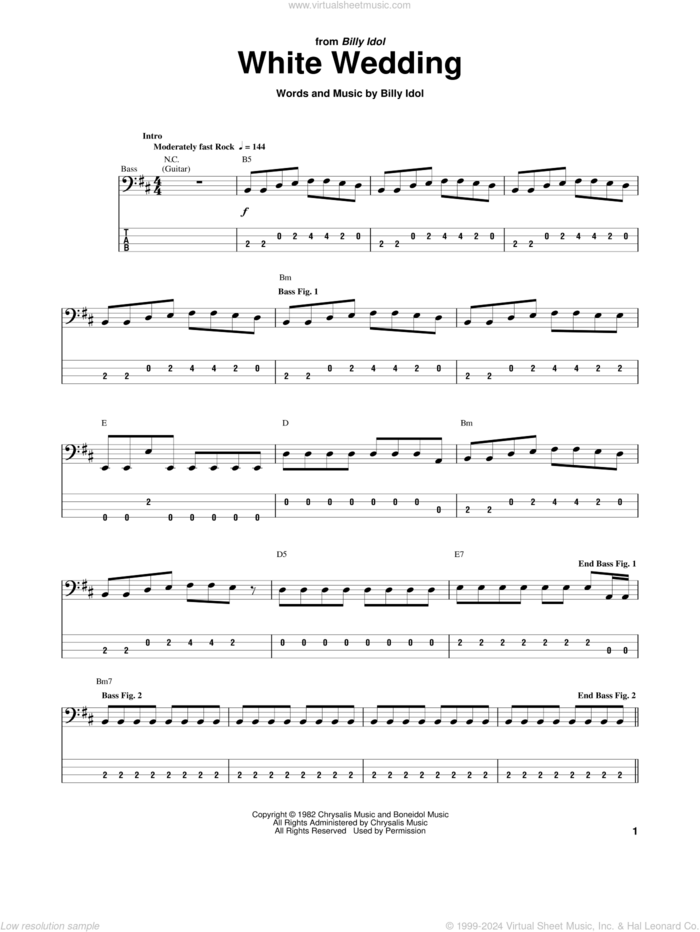 White Wedding sheet music for bass (tablature) (bass guitar) by Billy Idol, intermediate skill level