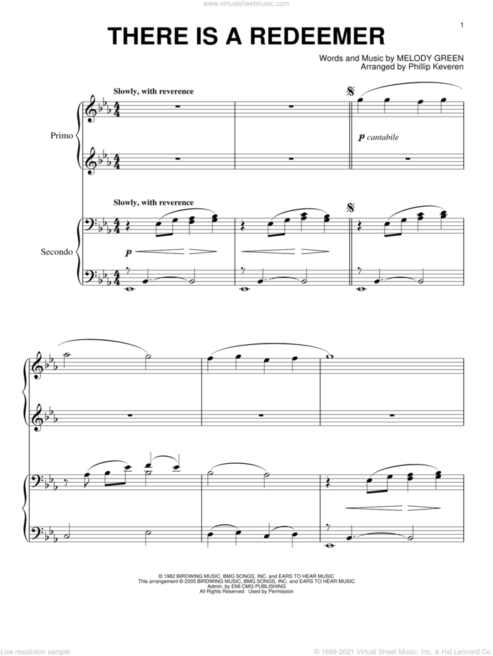 There Is A Redeemer (arr. Phillip Keveren) sheet music for piano four hands by Keith Green, Phillip Keveren and Melody Green, intermediate skill level