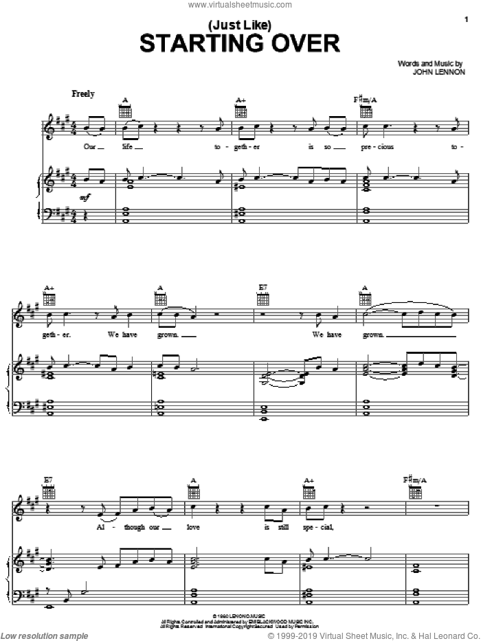 (Just Like) Starting Over sheet music for voice, piano or guitar by John Lennon, intermediate skill level