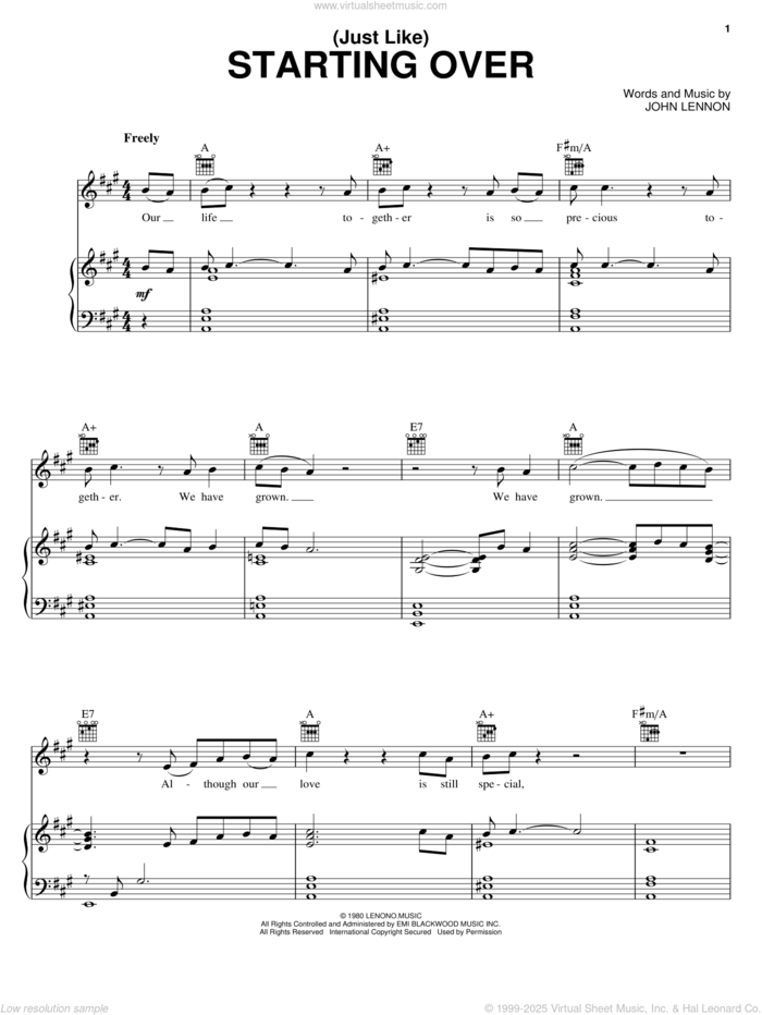 (Just Like) Starting Over sheet music for voice, piano or guitar by John Lennon, intermediate skill level