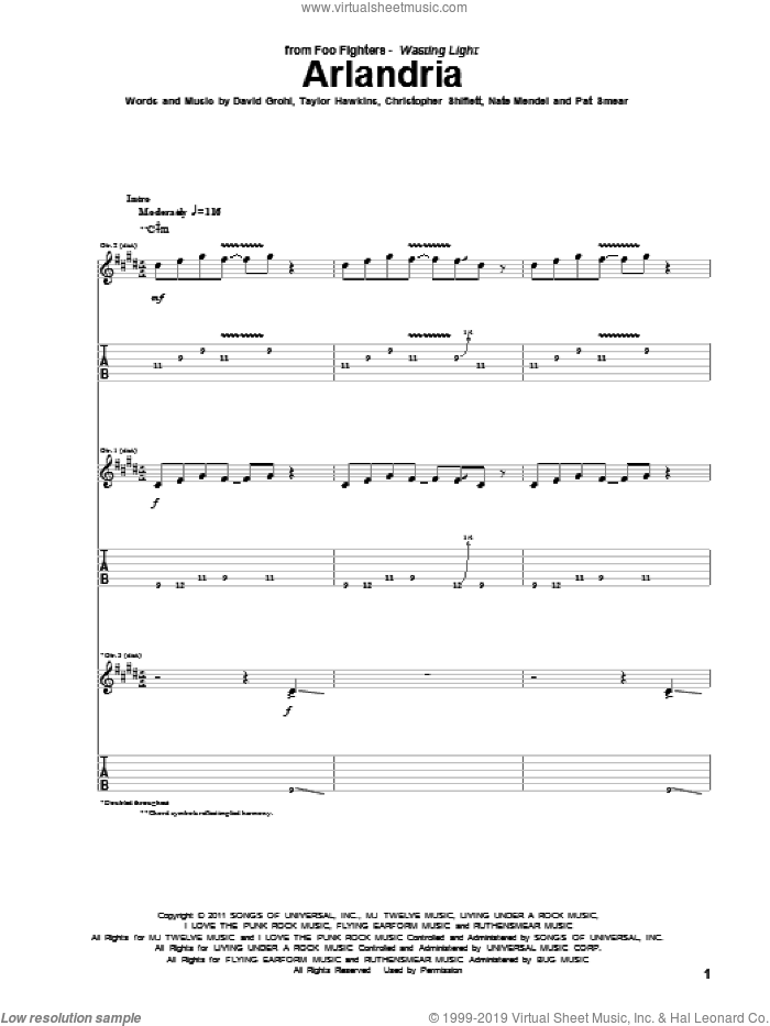 Arlandria sheet music for guitar (tablature) by Foo Fighters, Christopher Shiflett, Dave Grohl, Nate Mendel, Pat Smear and Taylor Hawkins, intermediate skill level