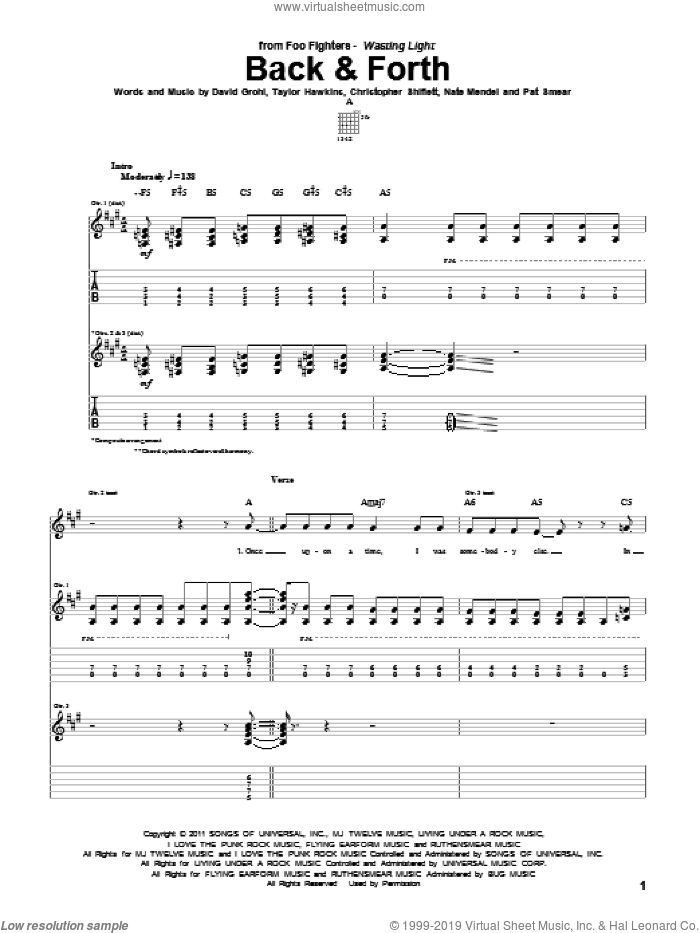 Back and Forth sheet music for guitar (tablature) by Foo Fighters, Christopher Shiflett, Dave Grohl, Nate Mendel, Pat Smear and Taylor Hawkins, intermediate skill level