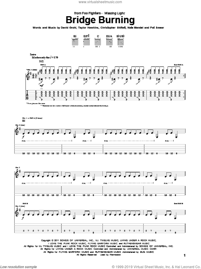 Bridge Burning sheet music for guitar (tablature) by Foo Fighters, Christopher Shiflett, Dave Grohl, Nate Mendel, Pat Smear and Taylor Hawkins, intermediate skill level