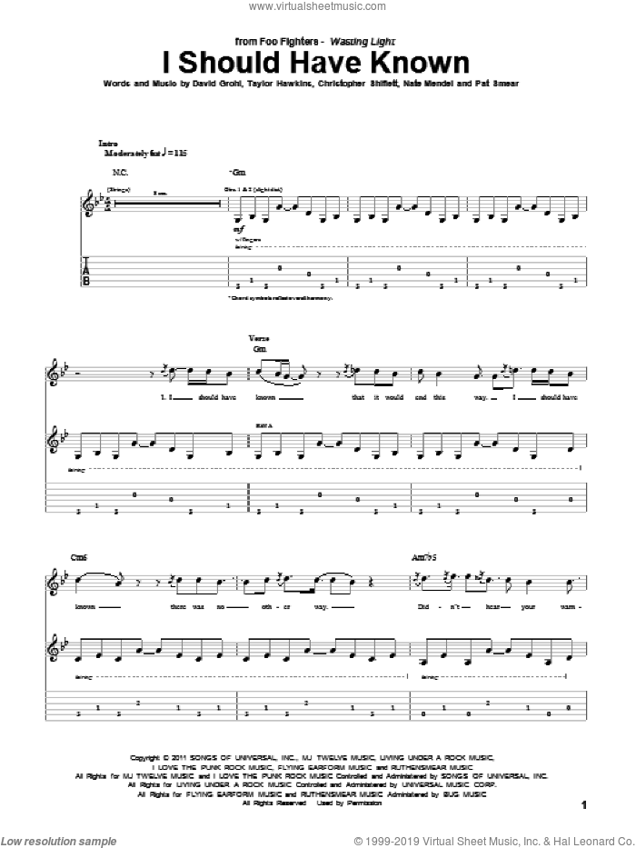 I Should Have Known sheet music for guitar (tablature) by Foo Fighters, Christopher Shiflett, Dave Grohl, Nate Mendel, Pat Smear and Taylor Hawkins, intermediate skill level