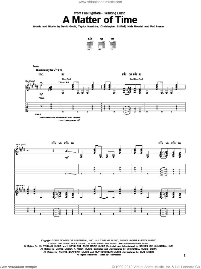 A Matter Of Time sheet music for guitar (tablature) by Foo Fighters, Christopher Shiflett, Dave Grohl, Nate Mendel, Pat Smear and Taylor Hawkins, intermediate skill level