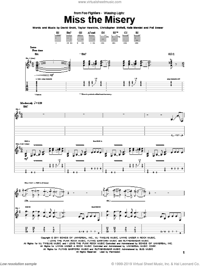 Miss The Misery sheet music for guitar (tablature) by Foo Fighters, Christopher Shiflett, Dave Grohl, Nate Mendel, Pat Smear and Taylor Hawkins, intermediate skill level