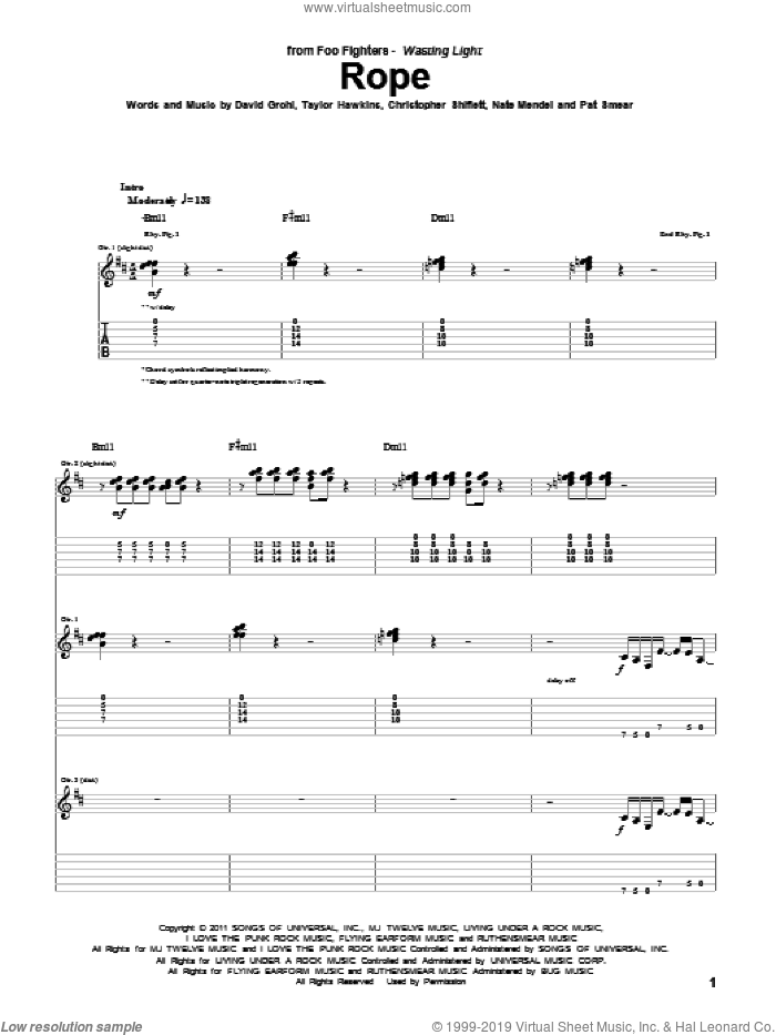 Rope sheet music for guitar (tablature) by Foo Fighters, Christopher Shiflett, Dave Grohl, Nate Mendel, Pat Smear and Taylor Hawkins, intermediate skill level