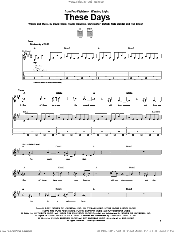 These Days sheet music for guitar (tablature) by Foo Fighters, Christopher Shiflett, Dave Grohl, Nate Mendel, Pat Smear and Taylor Hawkins, intermediate skill level