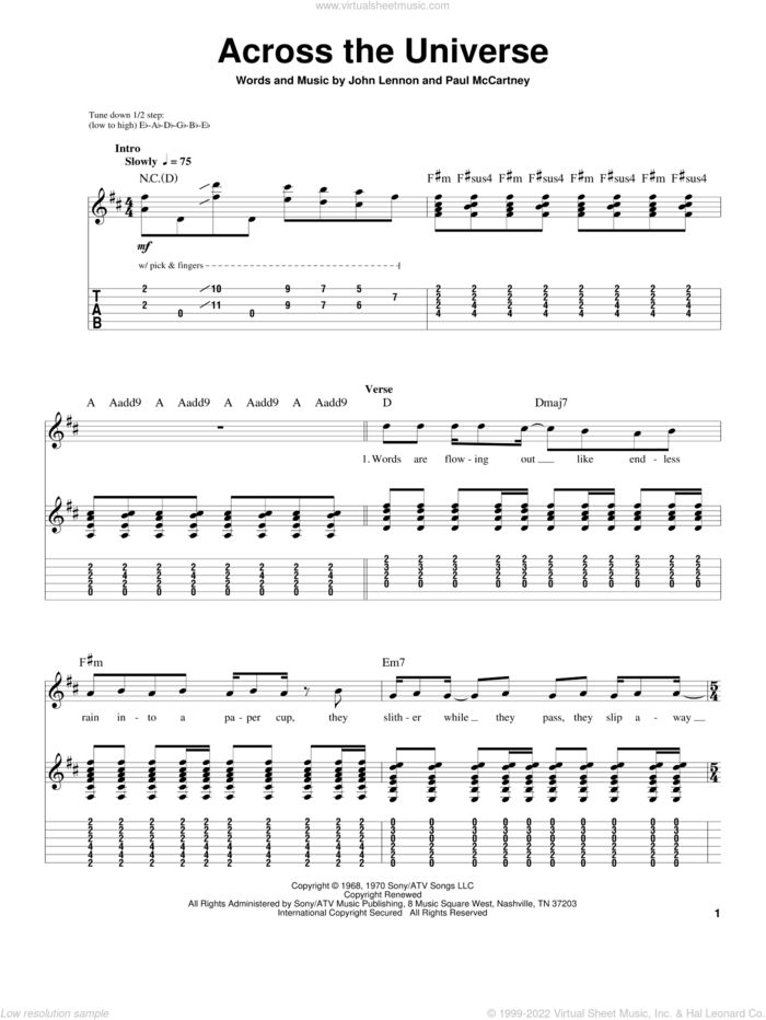 Across The Universe sheet music for guitar (tablature, play-along) by The Beatles, John Lennon and Paul McCartney, intermediate skill level