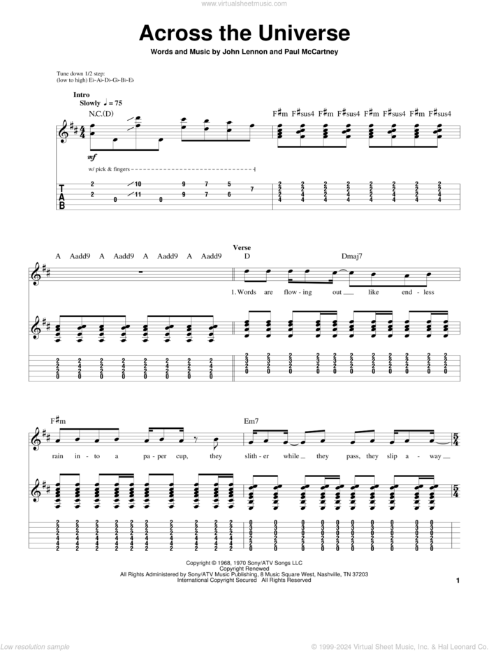 Across The Universe sheet music for guitar (tablature, play-along) by The Beatles, John Lennon and Paul McCartney, intermediate skill level