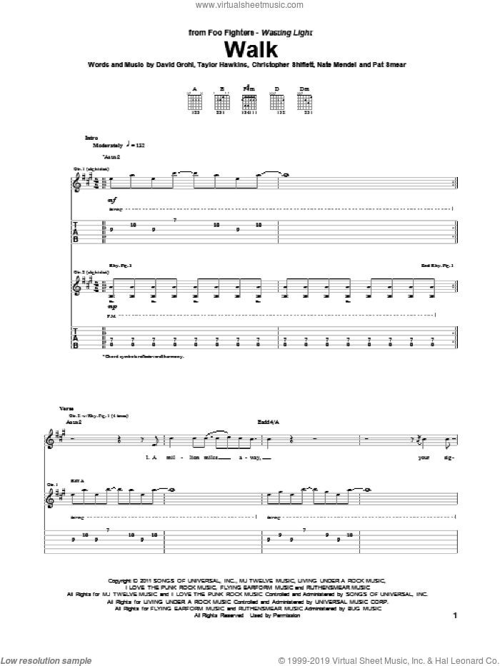 Walk sheet music for guitar (tablature) by Foo Fighters, Christopher Shiflett, Dave Grohl, Nate Mendel, Pat Smear and Taylor Hawkins, intermediate skill level