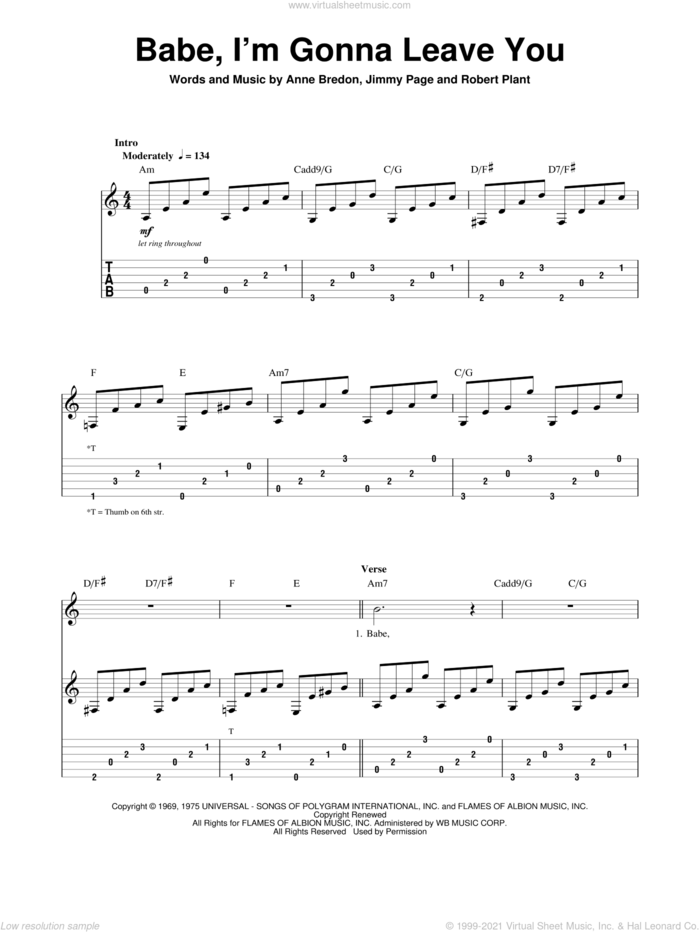 Babe, I'm Gonna Leave You sheet music for guitar (tablature, play-along) by Led Zeppelin, Great White, Anne Bredon, Jimmy Page and Robert Plant, intermediate skill level