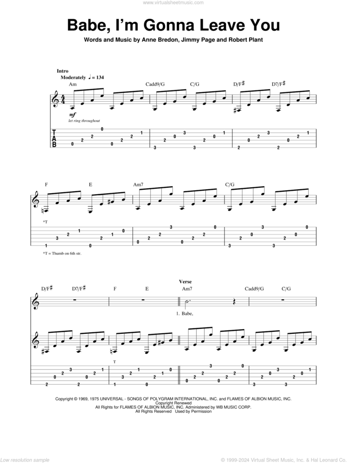 Babe, I'm Gonna Leave You sheet music for guitar (tablature, play-along) by Led Zeppelin, Great White, Anne Bredon, Jimmy Page and Robert Plant, intermediate skill level