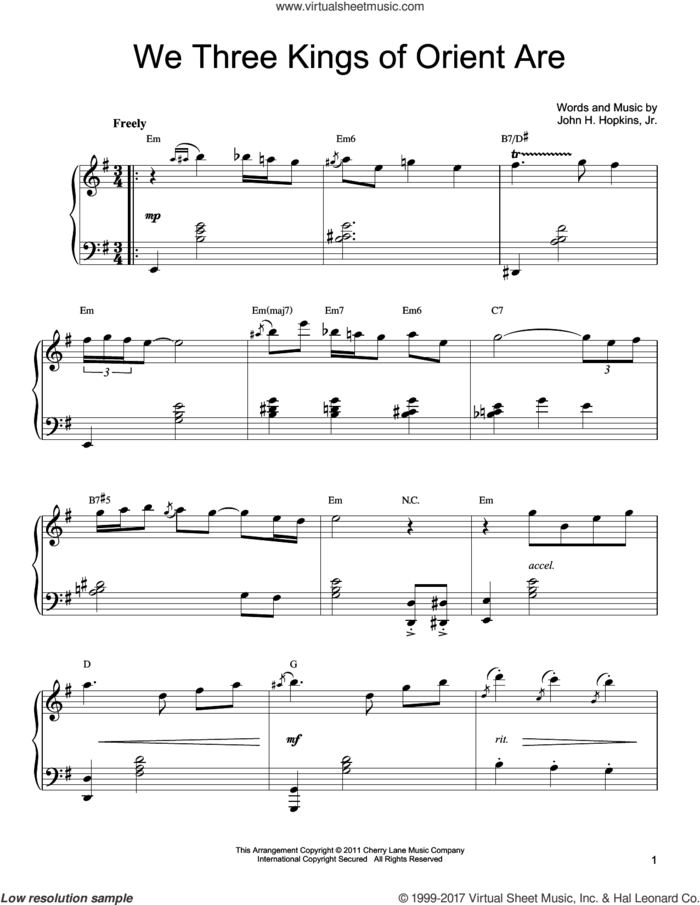 We Three Kings Of Orient Are [Gospel version] sheet music for piano solo by John H. Hopkins, Jr., intermediate skill level