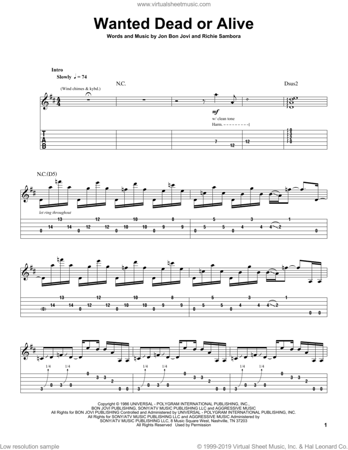 Wanted Dead Or Alive sheet music for guitar (tablature, play-along) by Bon Jovi and Richie Sambora, intermediate skill level