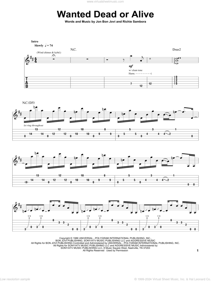 Wanted Dead Or Alive sheet music for guitar (tablature, play-along) by Bon Jovi and Richie Sambora, intermediate skill level