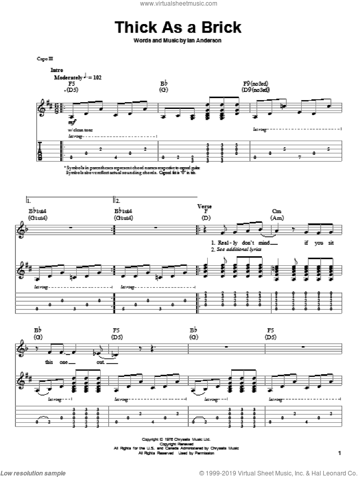 Thick As A Brick sheet music for guitar (tablature, play-along) by Jethro Tull and Ian Anderson, intermediate skill level