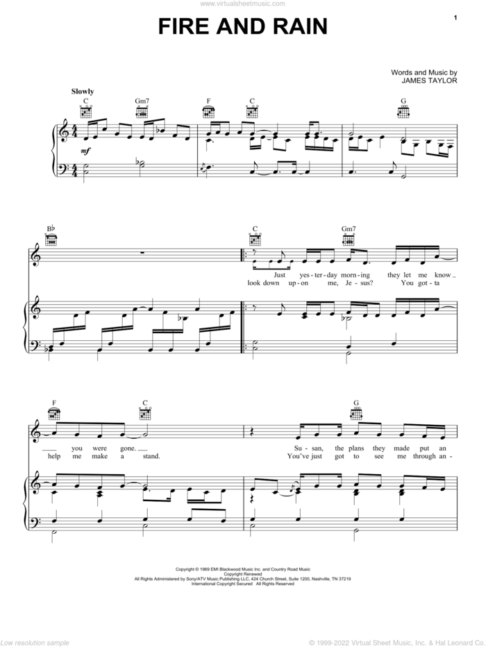 Fire And Rain sheet music for voice, piano or guitar by James Taylor, intermediate skill level