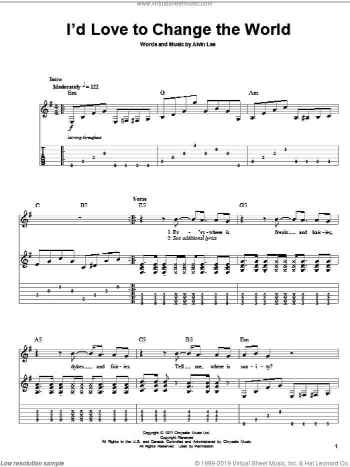 I'd Love To Change The World sheet music for guitar (tablature, play-along) by Ten Years After and Alvin Lee, intermediate skill level