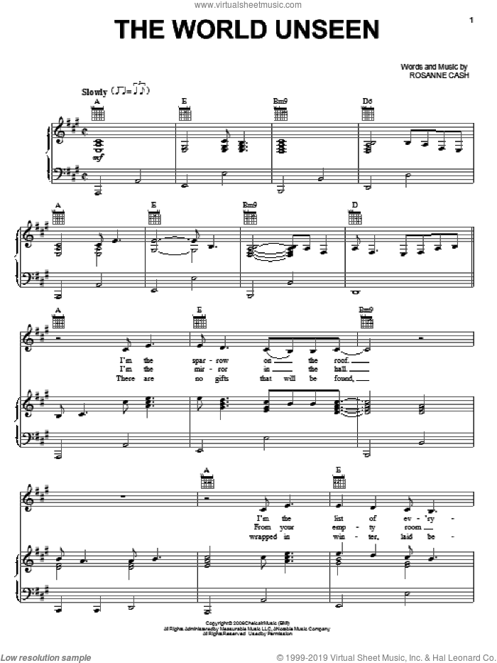 The World Unseen sheet music for voice, piano or guitar by Rosanne Cash, intermediate skill level