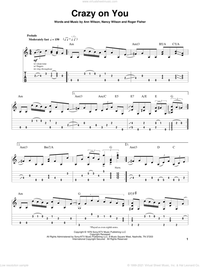 Crazy On You sheet music for guitar (tablature, play-along) by Heart, Ann Wilson, Nancy Wilson and Roger Fisher, intermediate skill level