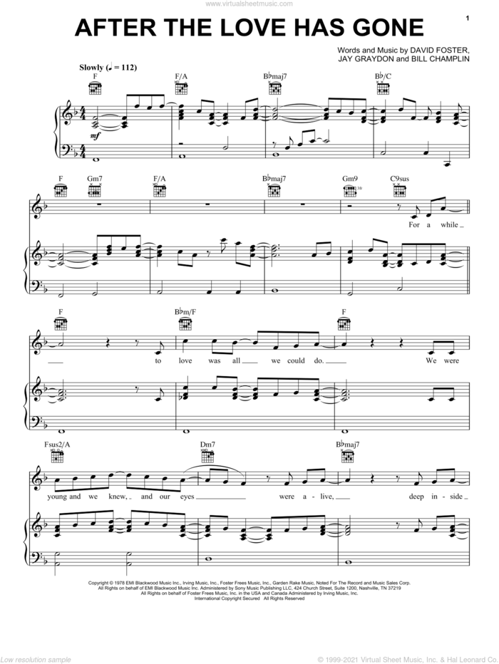 After The Love Has Gone sheet music for voice, piano or guitar by Earth, Wind & Fire, Bill Champlin, David Foster and Jay Graydon, intermediate skill level