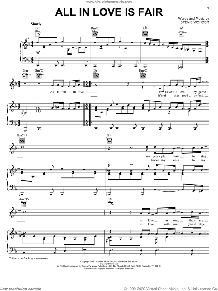 All In Love Is Fair sheet music for voice, piano or guitar by Stevie Wonder, intermediate skill level