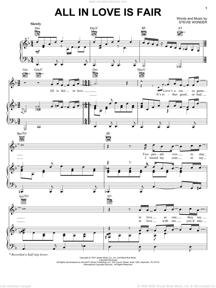 All In Love Is Fair sheet music for voice, piano or guitar by Stevie Wonder, intermediate skill level