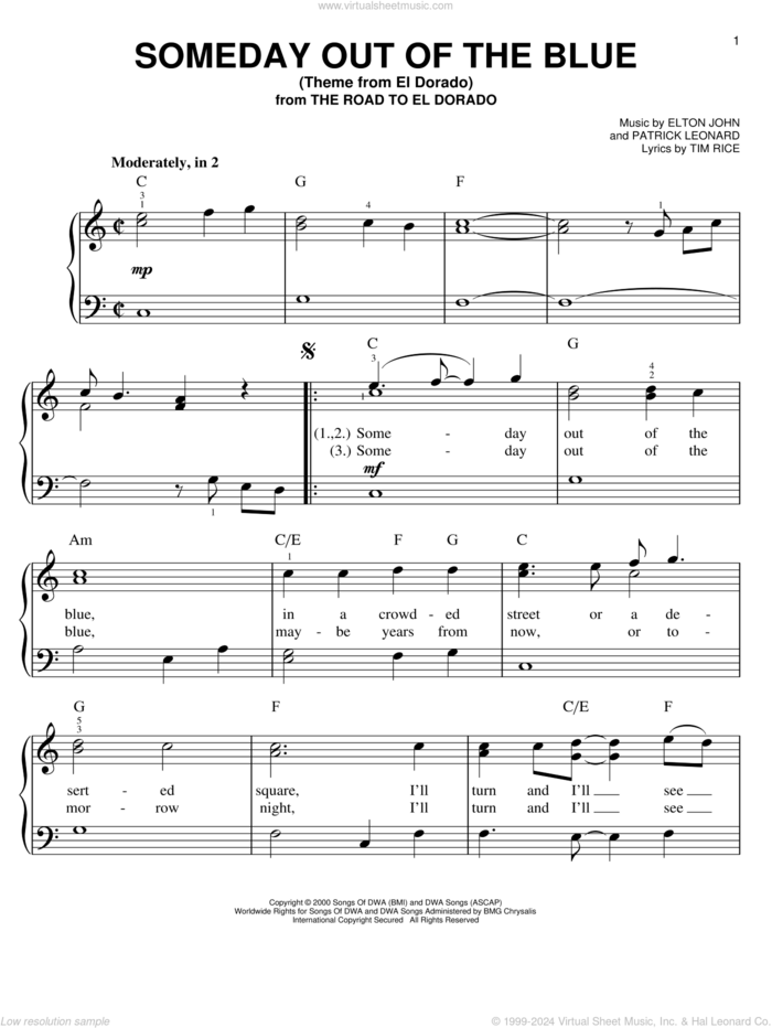 Someday Out Of The Blue (Theme from El Dorado), (easy) sheet music for piano solo by Elton John, Patrick Leonard and Tim Rice, easy skill level