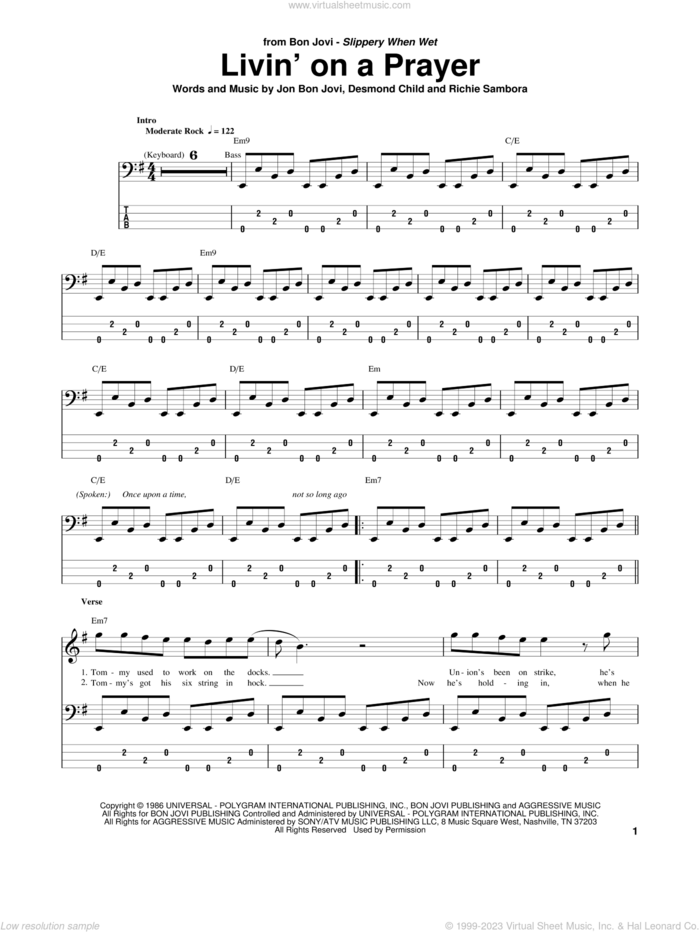 Livin' On A Prayer sheet music for bass (tablature) (bass guitar) by Bon Jovi, Desmond Child and Richie Sambora, intermediate skill level