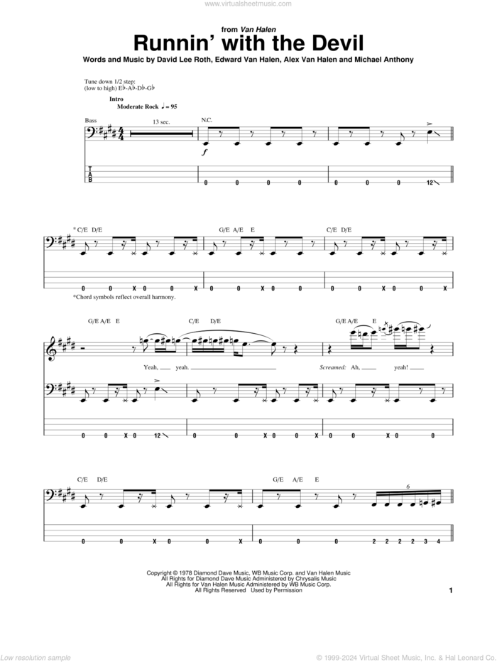 Runnin' With The Devil sheet music for bass (tablature) (bass guitar) by Edward Van Halen, Alex Van Halen, David Lee Roth and Michael Anthony, intermediate skill level