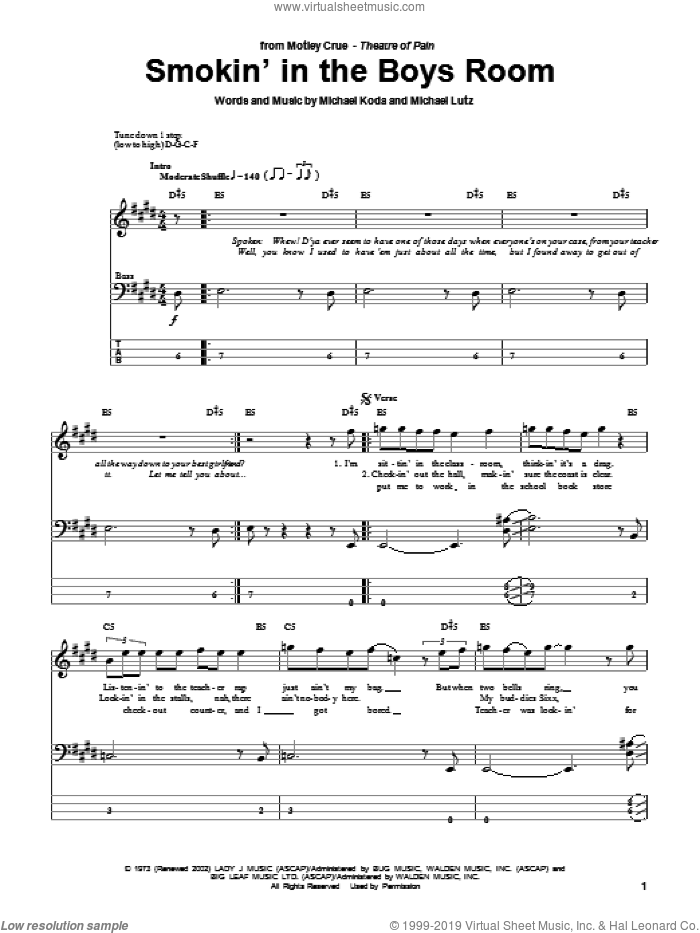 Smokin' In The Boys Room sheet music for bass (tablature) (bass guitar) by Motley Crue, Brownsville Station, Michael Koda and Michael Lutz, intermediate skill level