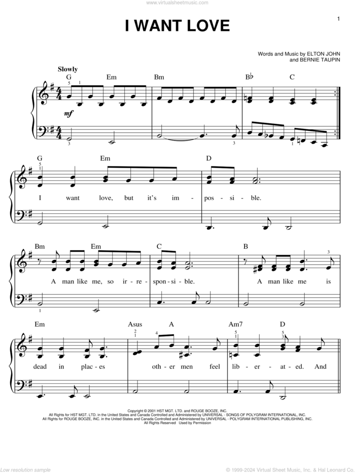 I Want Love, (easy) sheet music for piano solo by Elton John and Bernie Taupin, easy skill level