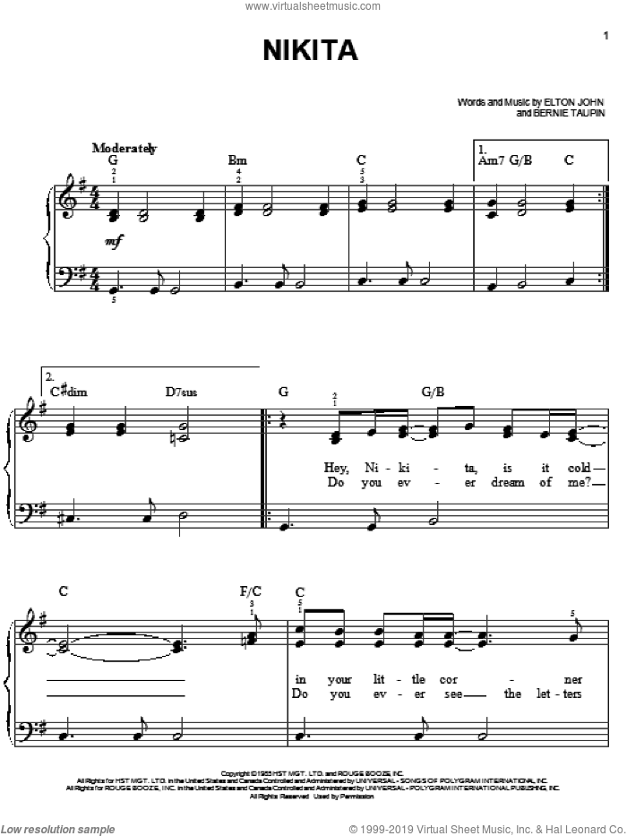Nikita, (easy) sheet music for piano solo by Elton John and Bernie Taupin, easy skill level