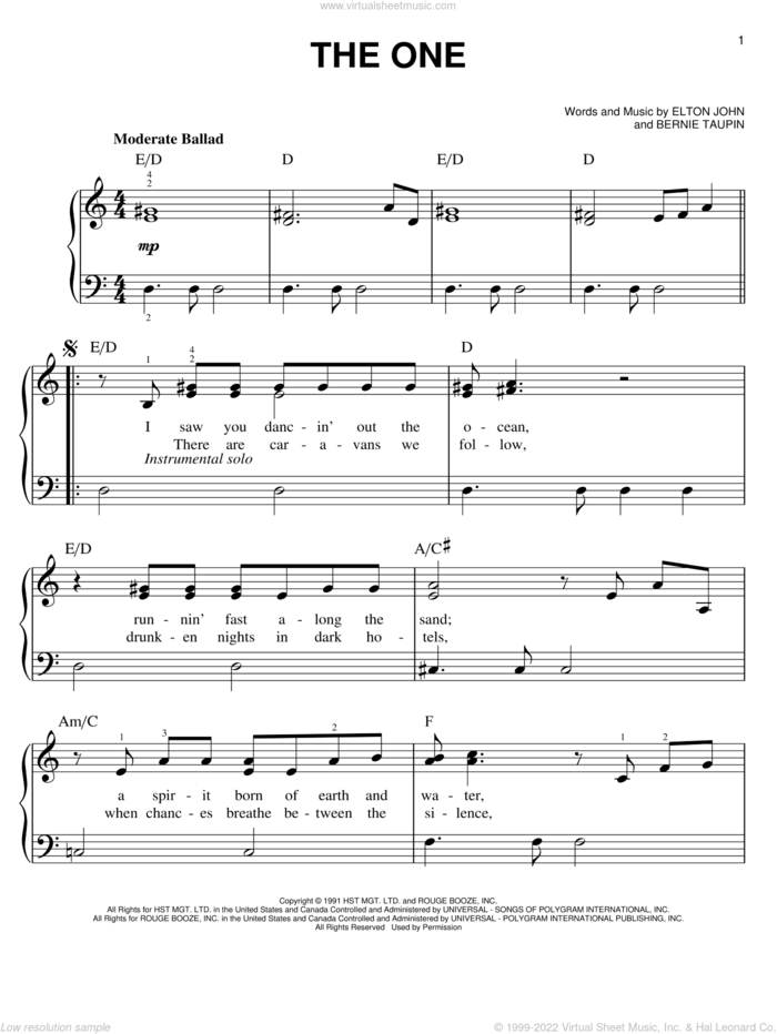 The One, (easy) sheet music for piano solo by Elton John and Bernie Taupin, easy skill level