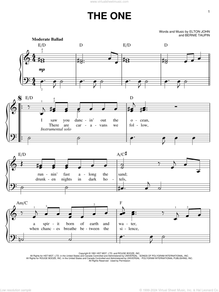 The One, (easy) sheet music for piano solo by Elton John and Bernie Taupin, easy skill level