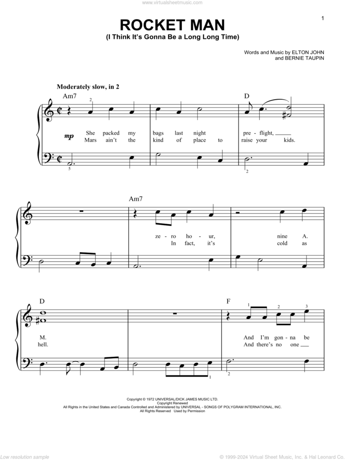 Rocket Man (I Think It's Gonna Be A Long Long Time) sheet music for piano solo by Elton John and Bernie Taupin, easy skill level