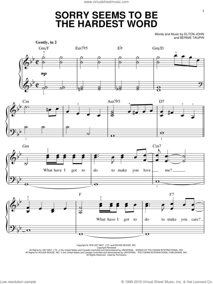 Sorry Seems To Be The Hardest Word, (easy) sheet music for piano solo by Elton John and Bernie Taupin, easy skill level